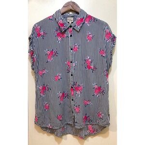 Como Vintage Button Up Shirt Womens XL Blue White Striped Floral Coastal Grandma